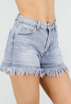 Lichtblauwe Denim Short met Rafelzoom en High Waist