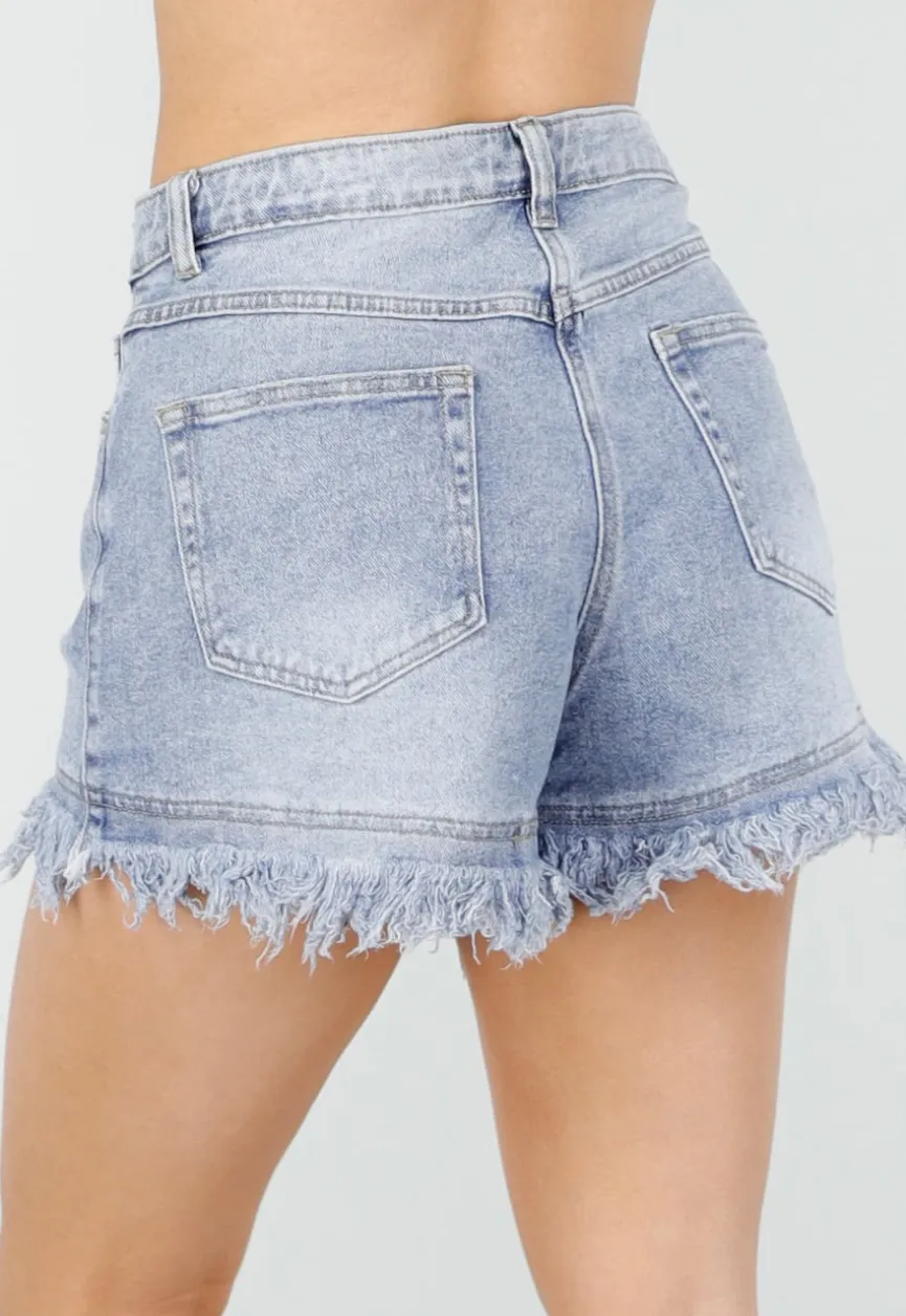 Lichtblauwe Denim Short met Rafelzoom en High Waist