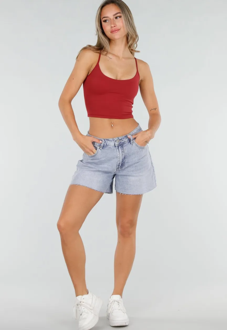 Lichtblauwe Denim Shorts met Gerafelde Zoom en Rechte Pasvorm