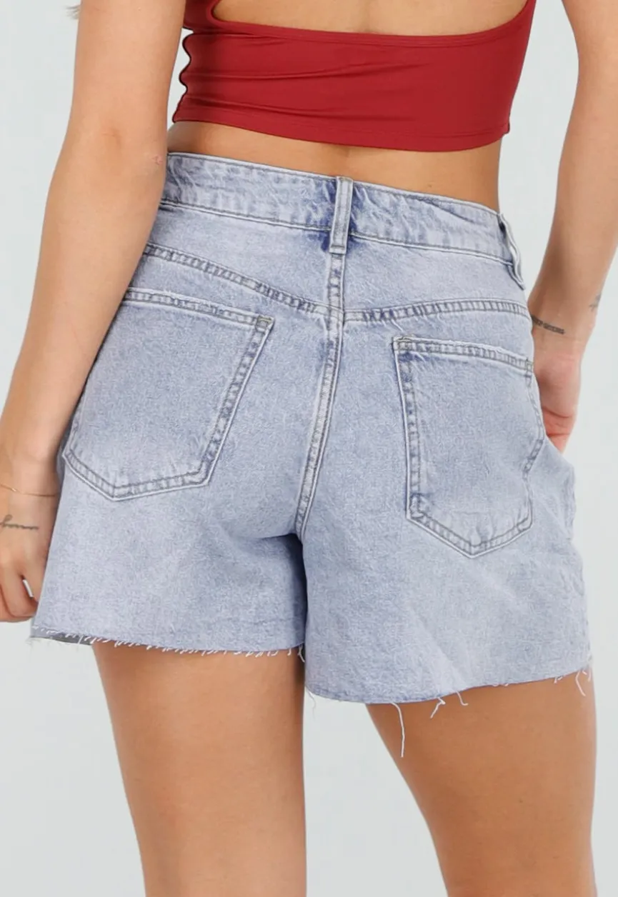 Lichtblauwe Denim Shorts met Gerafelde Zoom en Rechte Pasvorm