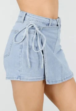 Lichtblauwe Denim Skort met Overslag en Striksluiting