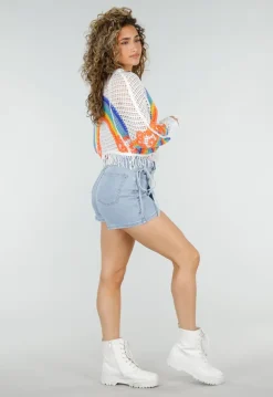 Lichtblauwe Denim Skort met Overslag en Striksluiting