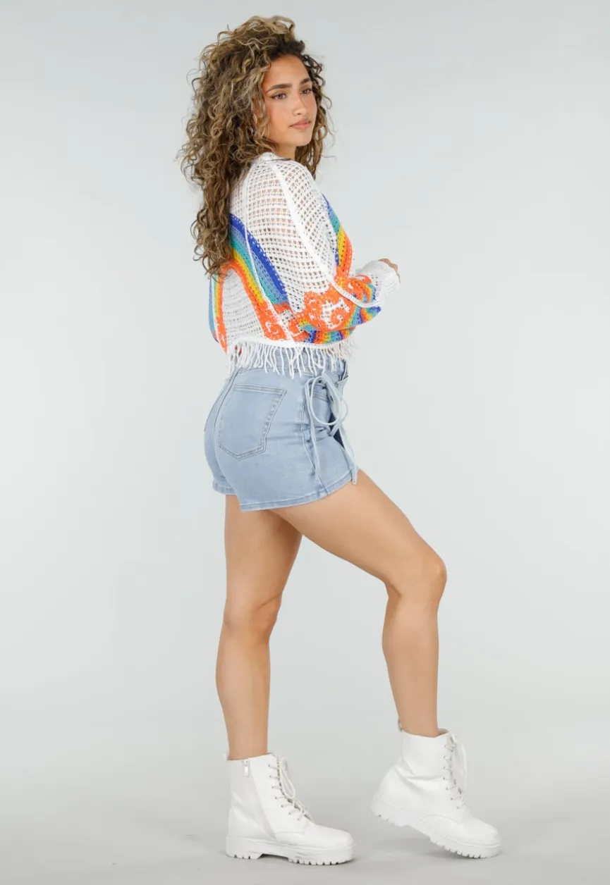 Lichtblauwe Denim Skort met Overslag en Striksluiting