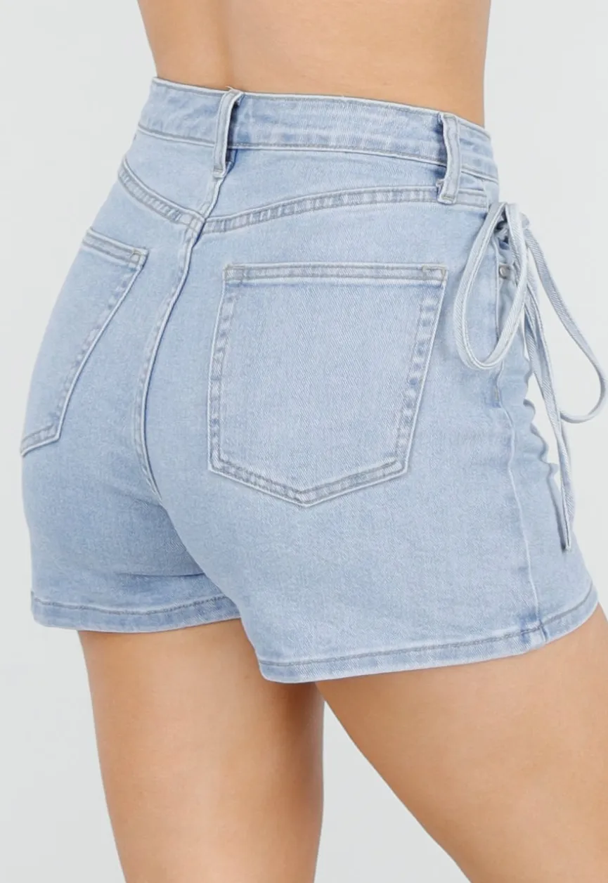 Lichtblauwe Denim Skort met Overslag en Striksluiting