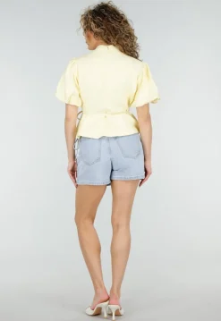 Lichtblauwe Denim Skort met Overslag, Striksluiting en Hoge Taille