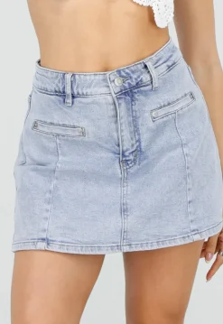 Lichtblauwe Denim Skort met Voorzakken en Ritssluiting