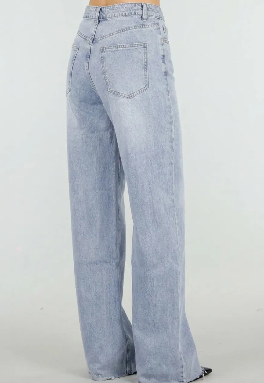 Lichtblauwe Denim Tall Wide Leg Jeans met Hoge Taille