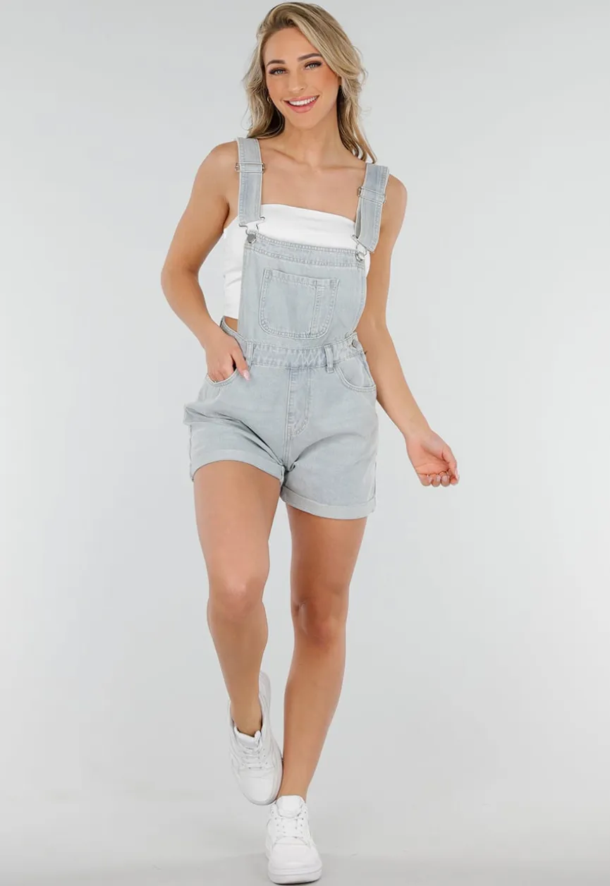Lichtblauwe Denim Tuinbroek Playsuit met Zakken en Omslagzoom