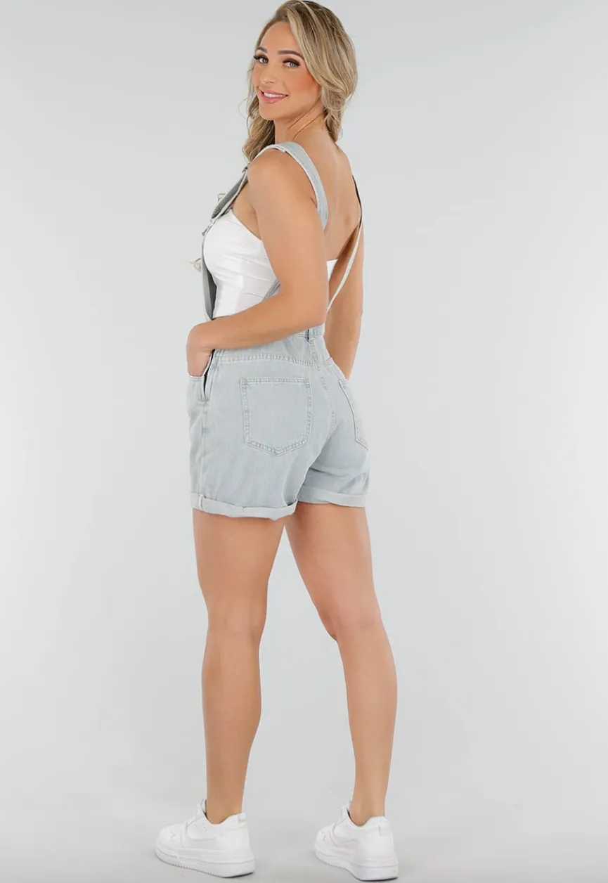 Lichtblauwe Denim Tuinbroek Playsuit met Zakken en Omslagzoom