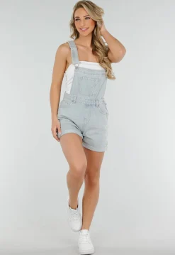 Lichtblauwe Denim Tuinbroek Playsuit met Zakken en Omslagzoom