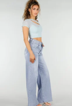 Lichtblauwe Denim Wide Leg Jeans met Hoge Taille