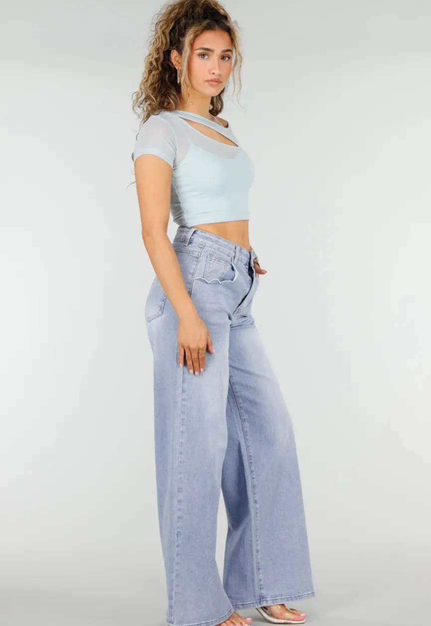 Lichtblauwe Denim Wide Leg Jeans met Hoge Taille