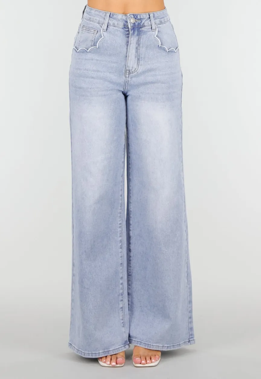 Lichtblauwe Denim Wide Leg Jeans met Hoge Taille