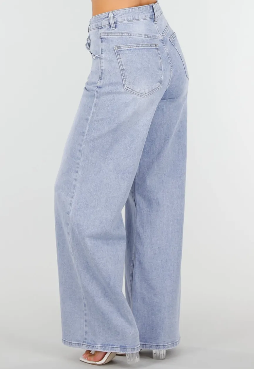 Lichtblauwe Denim Wide Leg Jeans met Hoge Taille