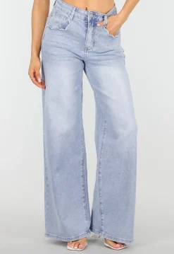 Lichtblauwe Denim Wide Leg Jeans met Hoge Taille