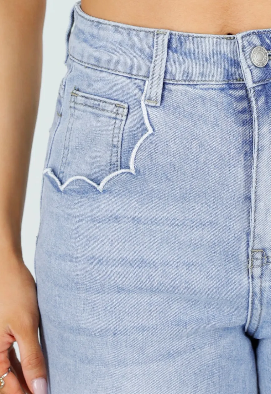 Lichtblauwe Denim Wide Leg Jeans met Hoge Taille