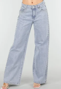 Lichtblauwe Denim Wide Leg Jeans met Studs en High Waist