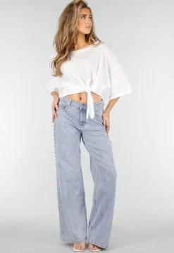 Lichtblauwe Denim Wide Leg Jeans met Studs en High Waist