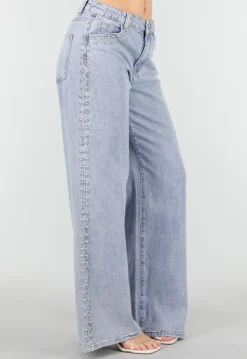 Lichtblauwe Denim Wide Leg Jeans met Studs en High Waist