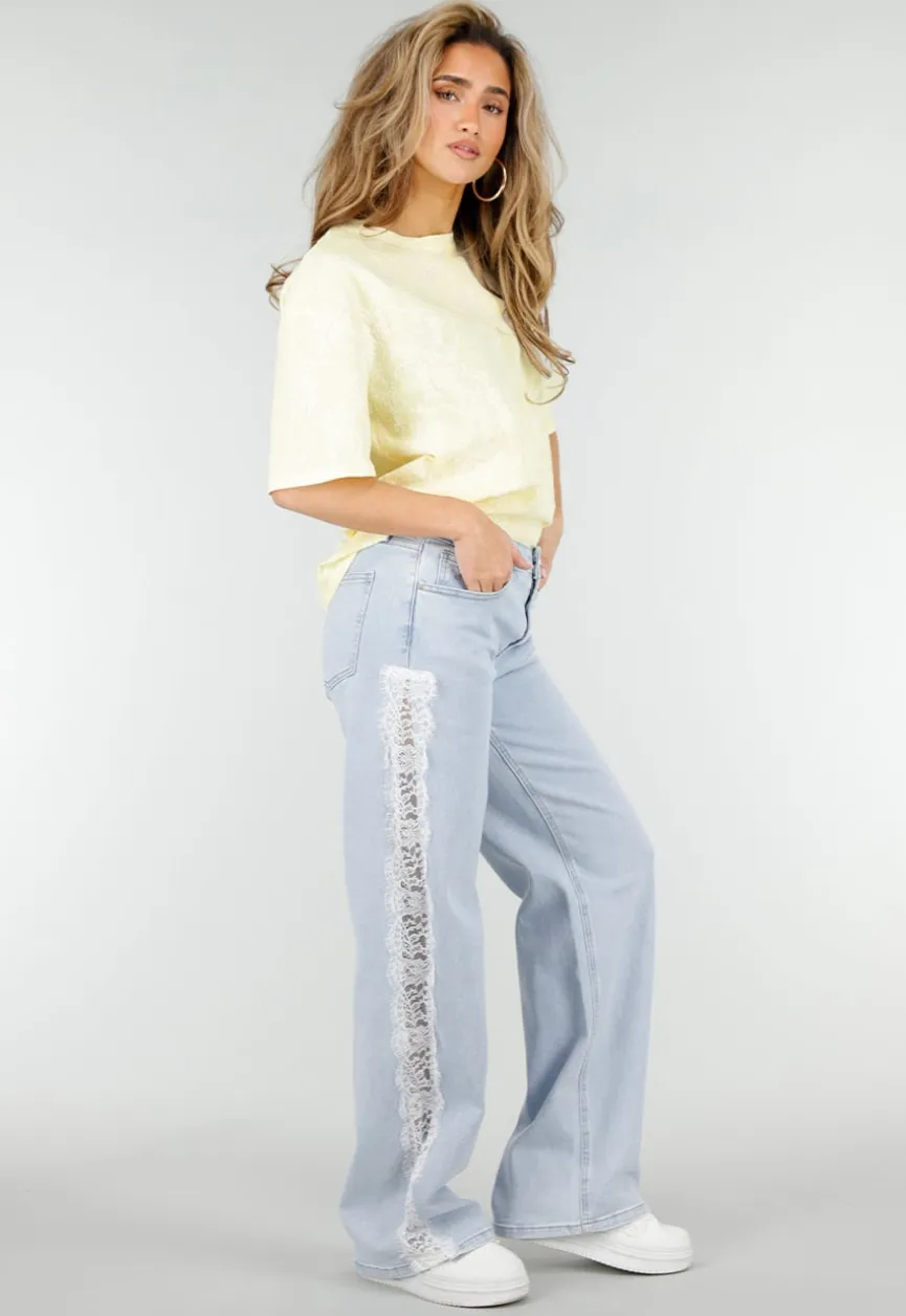 Lichtblauwe Denim Wide Leg Jeans met Kant en Stretch