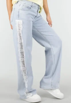 Lichtblauwe Denim Wide Leg Jeans met Kant en Stretch