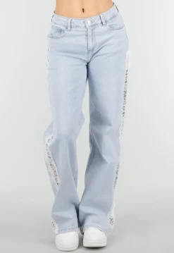 Lichtblauwe Denim Wide Leg Jeans met Kant en Stretch