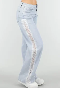 Lichtblauwe Denim Wide Leg Jeans met Kant en Stretch