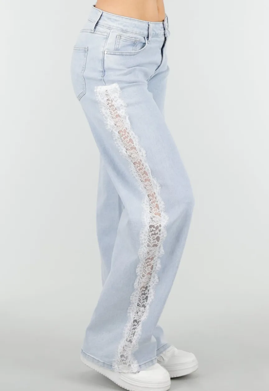 Lichtblauwe Denim Wide Leg Jeans met Kant en Stretch