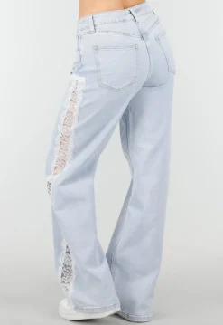 Lichtblauwe Denim Wide Leg Jeans met Kant en Stretch