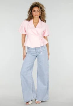 Lichtblauwe Denim Wide Leg Jeans met Hoge Taille