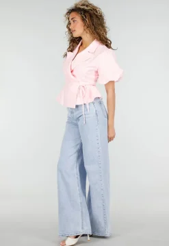Lichtblauwe Denim Wide Leg Jeans met Hoge Taille