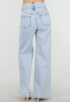Lichtblauwe Denim Wide Leg Jeans met Hoge Taille