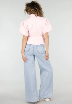 Lichtblauwe Denim Wide Leg Jeans met Hoge Taille