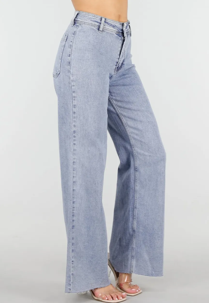 Lichtblauwe Denim Wide Leg Jeans met Rechte Pijpen en Stretch