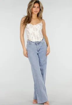 Lichtblauwe Denim Wide Leg Jeans met Rechte Pijpen en Stretch