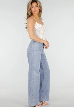 Lichtblauwe Denim Wide Leg Jeans met Rechte Pijpen en Stretch