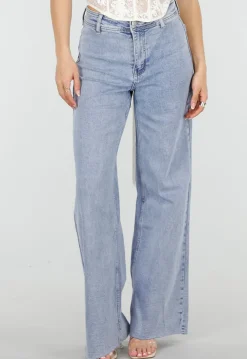 Lichtblauwe Denim Wide Leg Jeans met Rechte Pijpen en Stretch