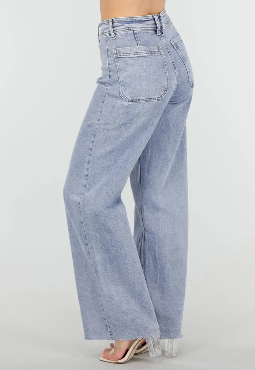 Lichtblauwe Denim Wide Leg Jeans met Rechte Pijpen en Stretch