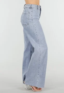 Lichtblauwe Denim Wide Leg Jeans met Rechte Pijpen en Stretch