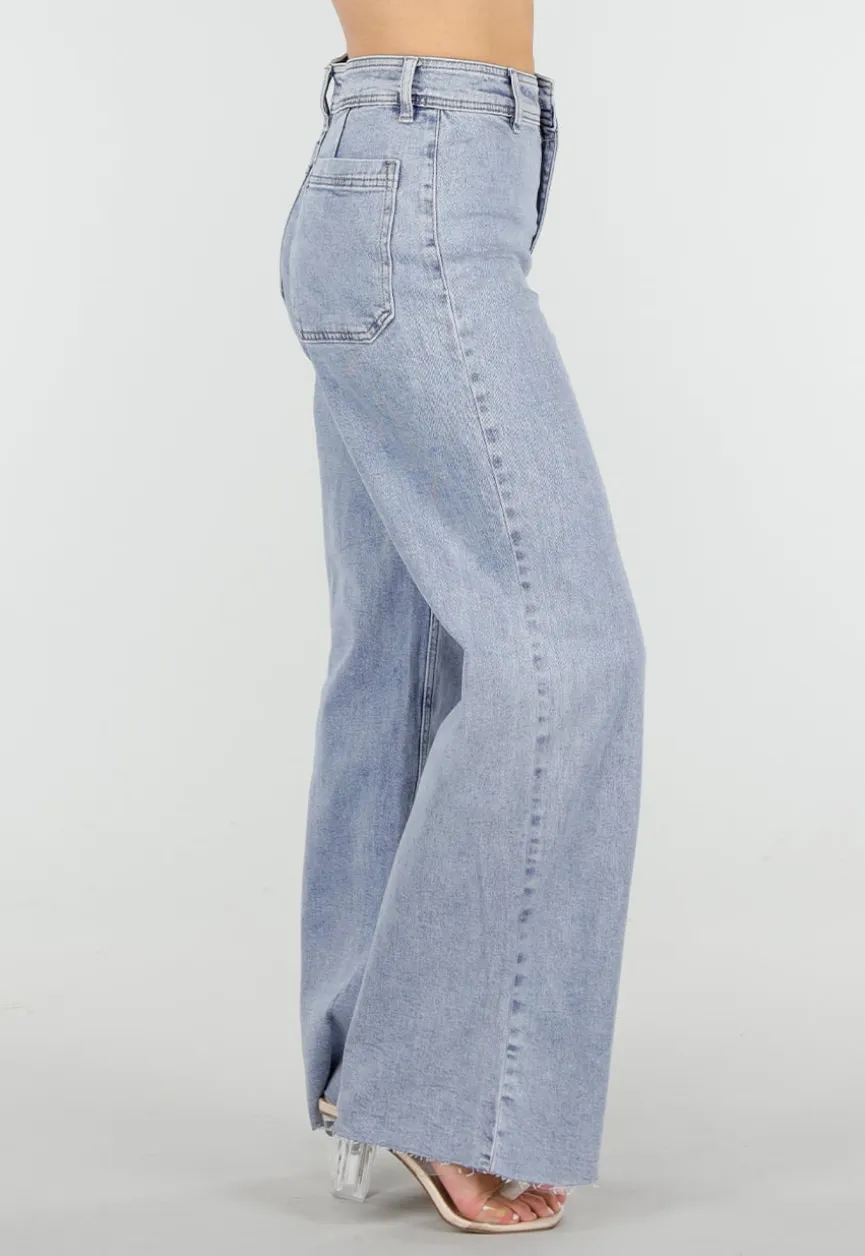 Lichtblauwe Denim Wide Leg Jeans met Rechte Pijpen en Stretch