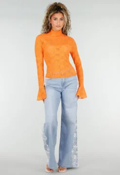 Lichtblauwe Denim Wide Leg Jeans met Kantdetail en Hoge Taille
