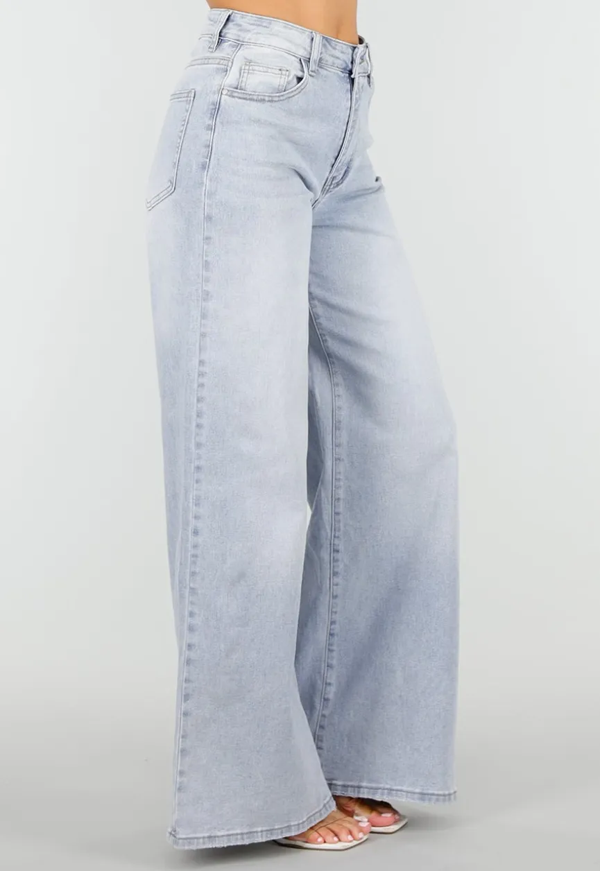 Lichtblauwe Extra Wide Leg Jeans met High Waist en Stretch