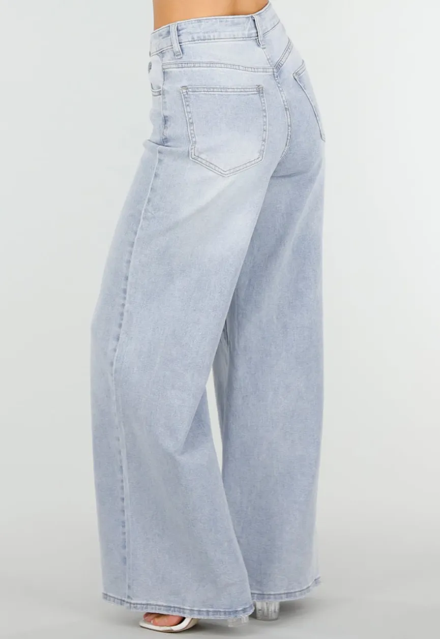 Lichtblauwe Extra Wide Leg Jeans met High Waist en Stretch