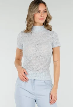Lichtblauwe Gehaakte Stretch Top met Col en Korte Mouwen