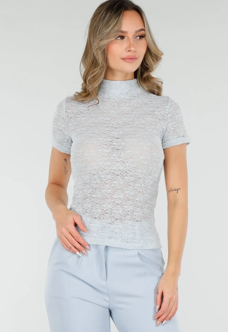 Lichtblauwe Gehaakte Stretch Top met Col en Korte Mouwen