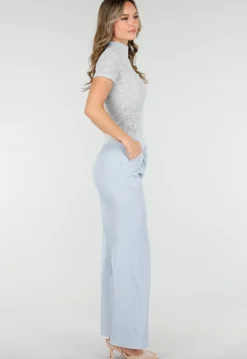 Lichtblauwe Gehaakte Stretch Top met Col en Korte Mouwen
