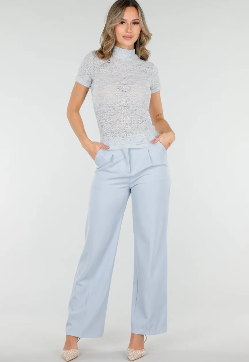 Lichtblauwe Gehaakte Stretch Top met Col en Korte Mouwen