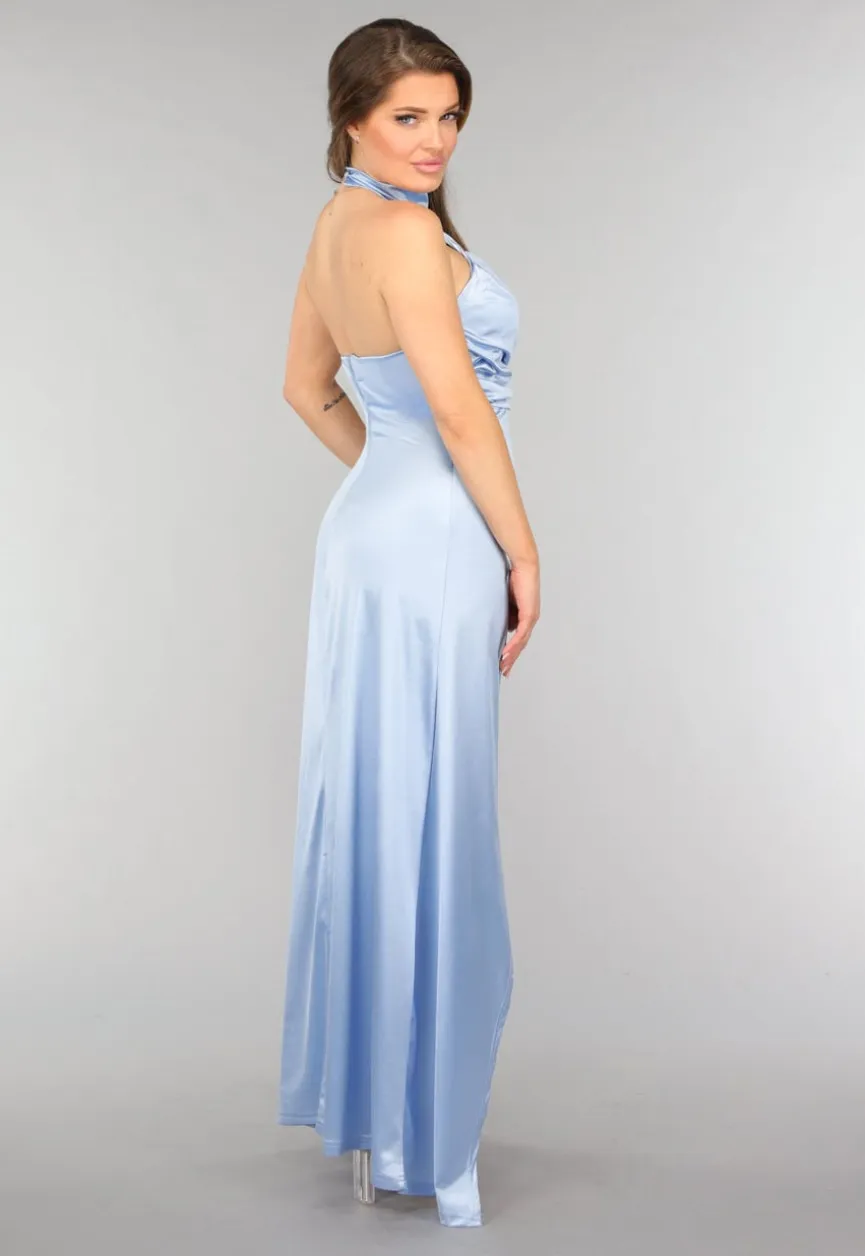 Lichtblauwe Geplooide Satin Jurk met Split