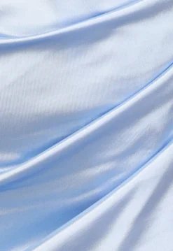 Lichtblauwe Geplooide Satin Jurk met Split