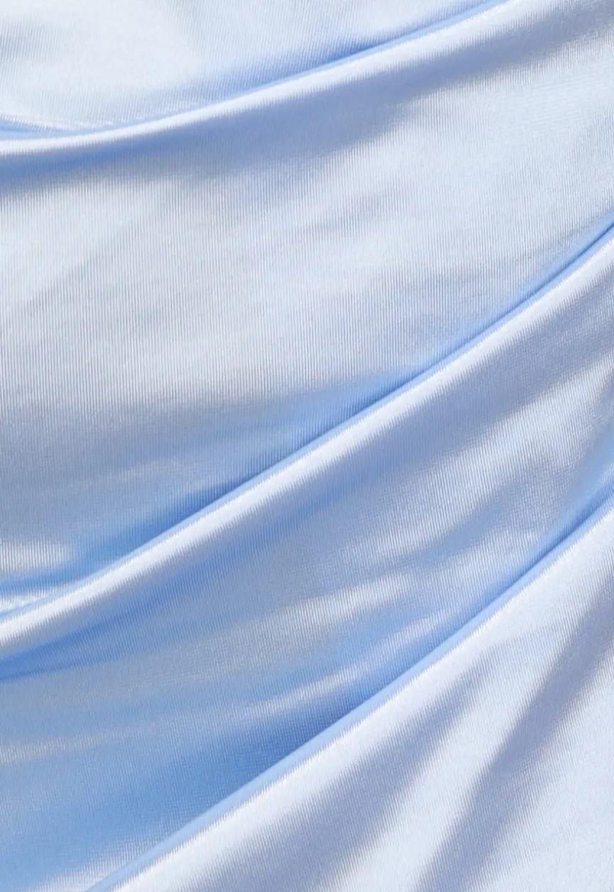 Lichtblauwe Geplooide Satin Jurk met Split